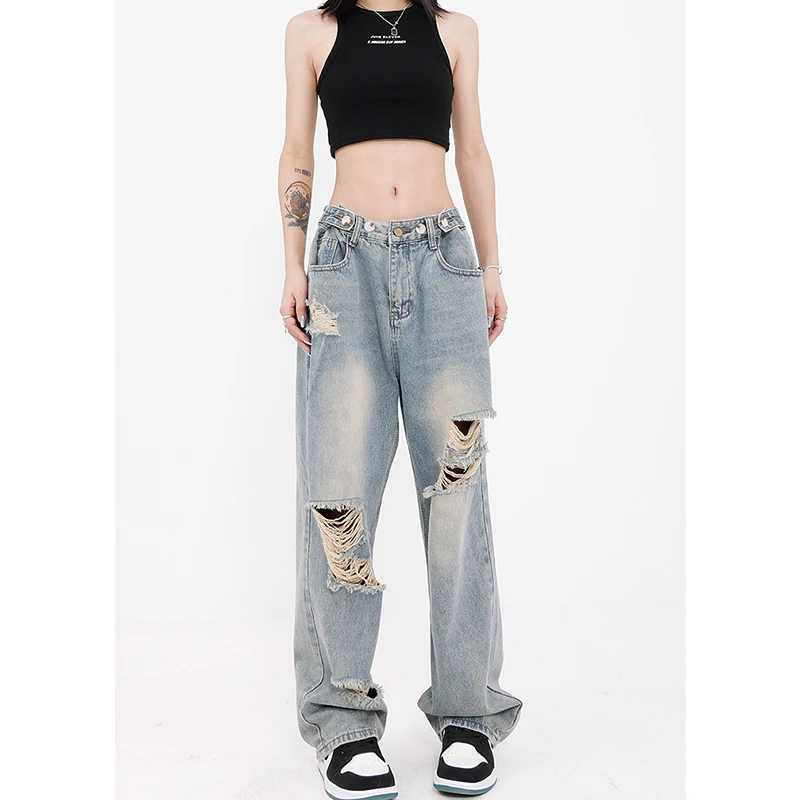 

Streetwear Vintage High Waist Loose Jeans Summer Harajuku Pants Women's Y2K Wide Leg Baggy Ripped Blue Denim Trouser 2023 New