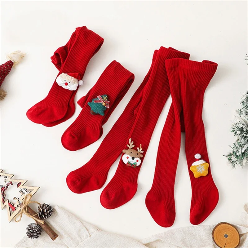 Baby Cartoon Leggings Christmas Soft Cotton Girls Red Stocking Newborn Baby Children's Bottomed Pantyhose New Year Gifts Tights