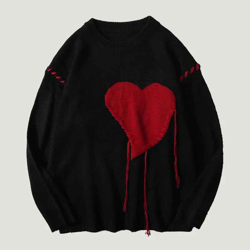 

M-XL вязаные свитера с кисточками в форме сердца, мужские винтажные повседневные свободные пуловеры в стиле хип-хоп с круглым вырезом для пар