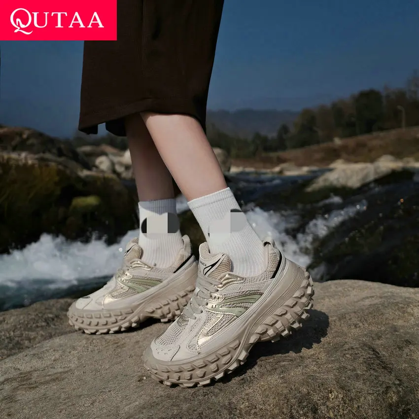 QUTAA 2024 Women Sneakers Comfort Lace-Up Med Heel Genuine Leather Shoes Woman Platforms Four Season Sports Shoes Size 35-40