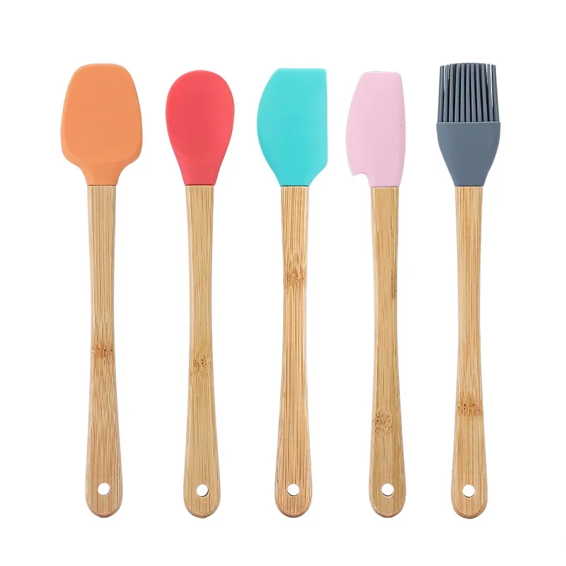 1/5Pcs Mini Wooden Handle Silicone Cake Cream Spatula Heat-Resistant Pastry Blenders Scraper Kitchen Non-stick Baking Oil Brush reusable utensil scraper bakeware tool silicone high temperature resistant cake cream scraper spatula kitchen supplies scraper