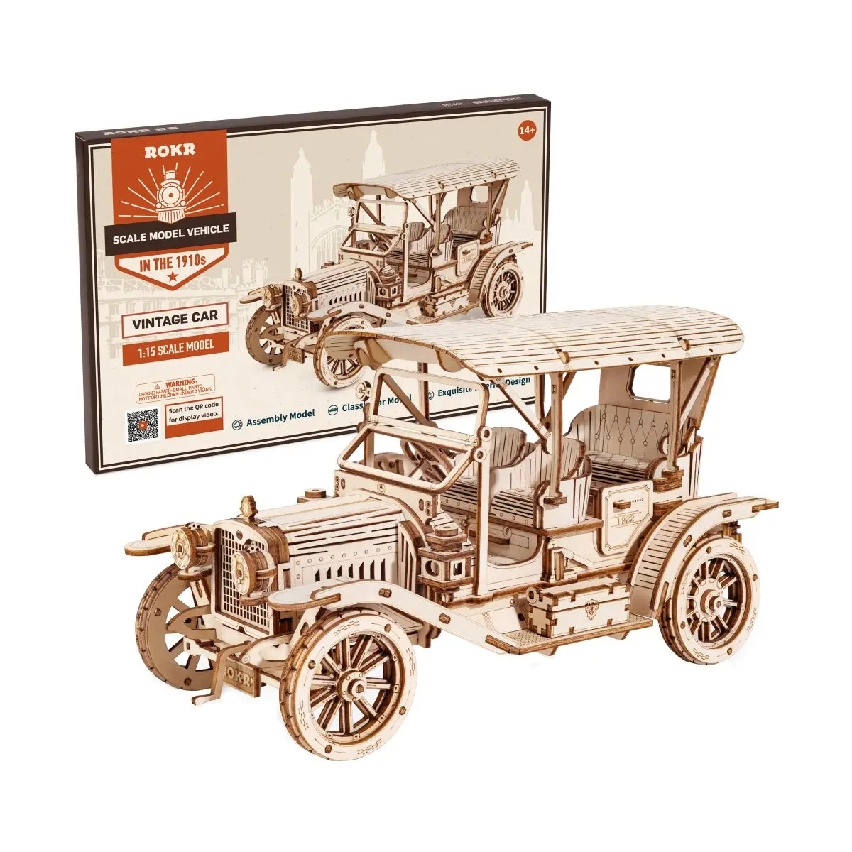 Robotime Rokr Classic Car 3D Wooden Puzzle Montessori Toys Vintage Car 1:15 Scale Model Building Kits for Kids 1 24 1973 plymouth barracuda scale vintage diecast toy vehicle metal pony auto muscle racing car model collectibles j18