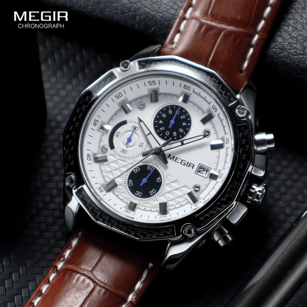 MEGIR quartz male watches Genuine Leather watches racing men Students game Run Chronograph Watch male glow hands for Man 2015G - 2