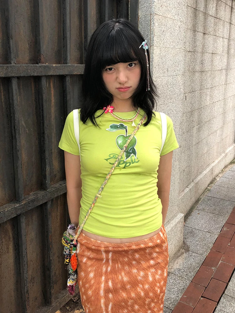 Karrram Japanisches Y2k Green Apple Print T-Shirt 2000er Jahre Ästhetik Crop Tops Vintage Harajuku Kurzarm T-Shirt American Retro – Detail 7