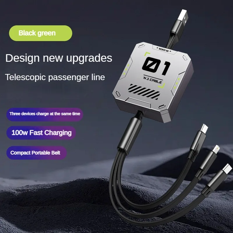 Universal 3-in-1 Retractable Fast Charging & Data Cable - 100W Power