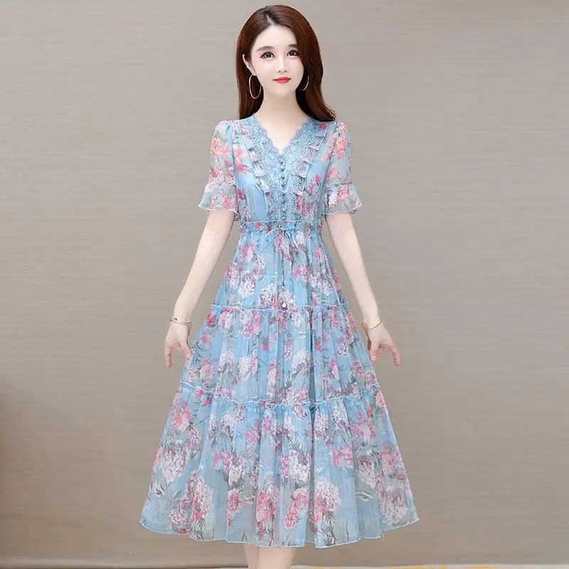 

Set Of Dress Mulberry Female 2023 Casual Heavy Work Collar Small Fragmented Flower V Neck Temperament Dress Sets Summer Female