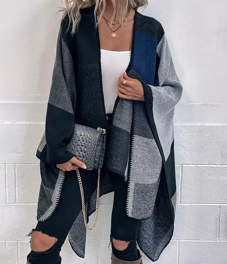 

Cloak Shawl Knitted Cardigan Outerwear Female Autumn and Winter 2023 European and American Streets Color Blocking Keeping Warm