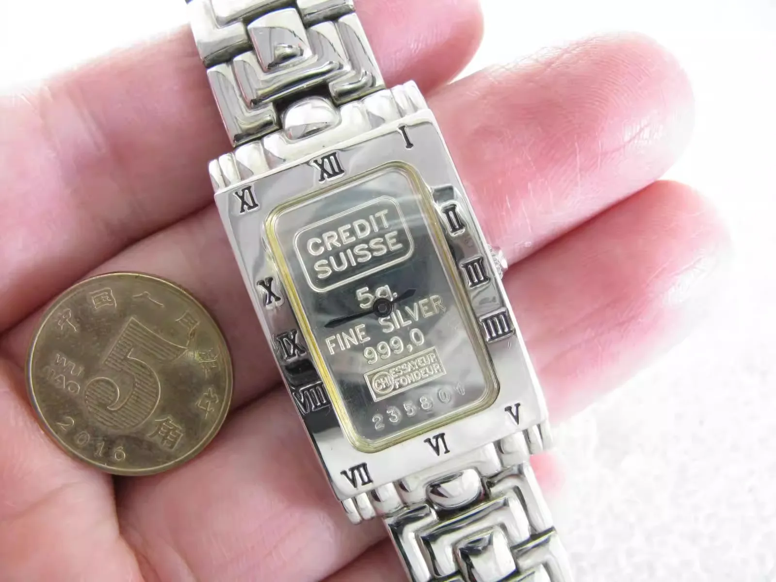 5g CREDIT SUISSE “999 silver bar dial” rectangular quartz men's