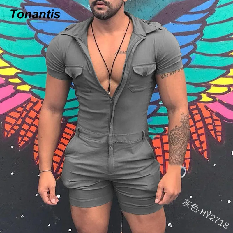 Fashion Cotton Men's Jumpsuit Summer Zipper Solid Color Short Sleeve Overalls Casual Streetwear Work Men's Bodysuit Y2K Clothing