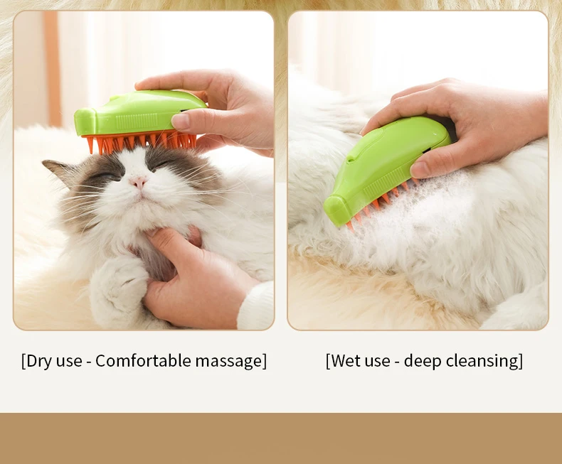 Steam pet brush being used on a long-haired cat, enhancing fur shine.