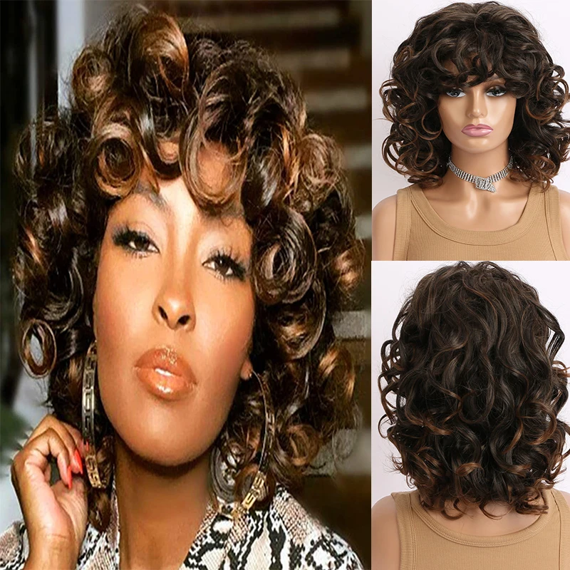 

Brazilian Curly Synthetic Bob Hair Fashion Brown Ombre African Kinky Curly Wig with Bangs Costume Party Wig for Women