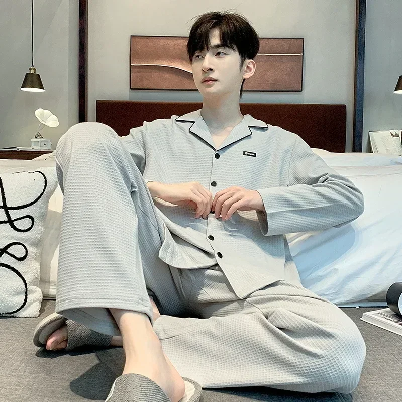 Men's Pajamas Long Sleeve Cardigan Set Simple Loose Sleepwear Plus Size  Loungewear in Spring Autumn and Winter