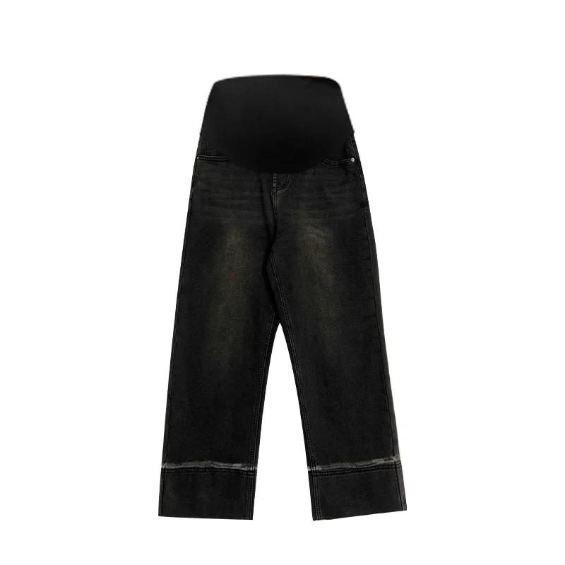Plus Size Maternity Wide Leg Jeans for Spring, Stretch Straight Cut 9/10 Length Pants, Casual Pregnancy Denim Trousers 5