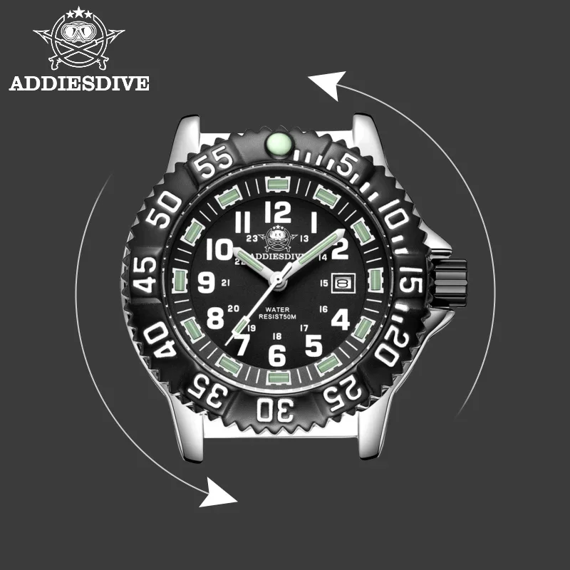 ADDIESDIVE Top Brand Men's Watch Calendar Display 50m Waterproof Green Tube Luminous High Quality Quartz Watches Reloj Hombre