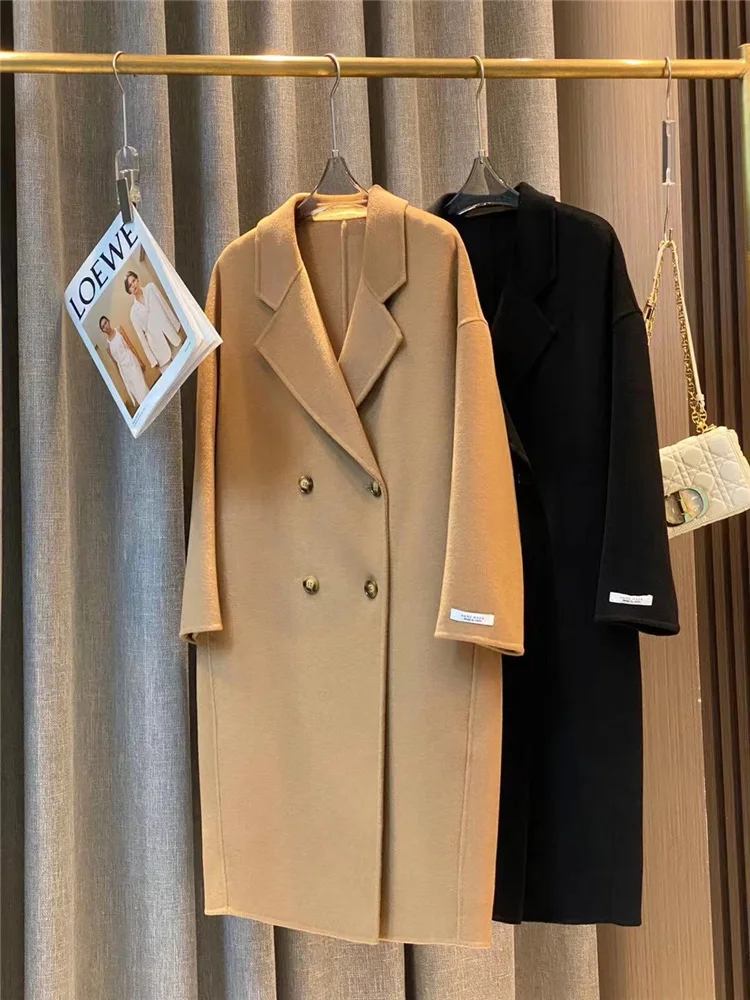 여성용 양면 울 코트, 더블 브레스트 루즈 심플 재킷, 따뜻한 고품질 전체 모직 롱 코트, 두꺼운 아우터, 신상 