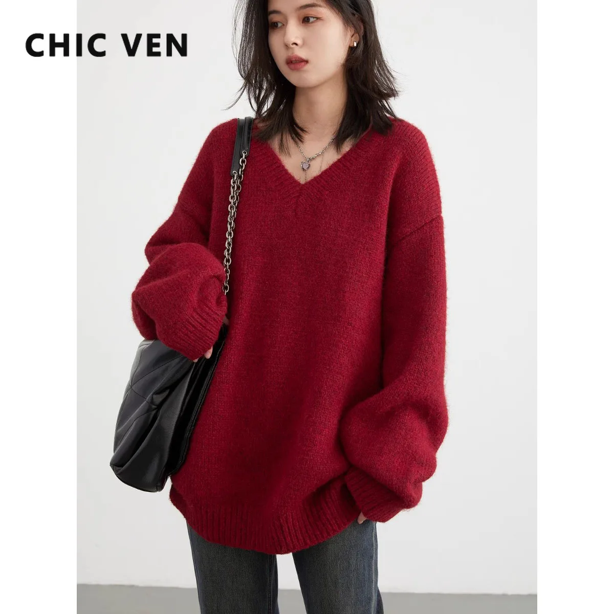 

CHIC VEN Women Sweaters Loose Pullovers New V-neck Knitwear Red Knitted Jumpers Female Top Fashion Woman Autumn Winter 2023