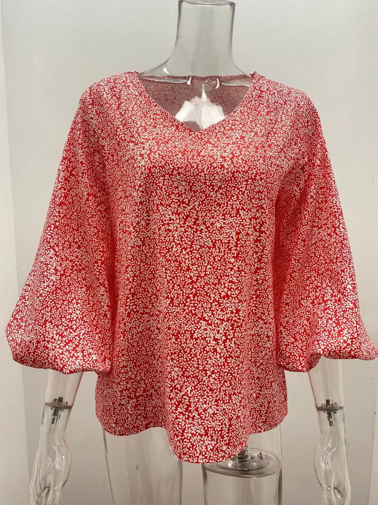 Camicetta da donna con scollo a V e tinta unita con stampa leopardata Camicetta casual a maniche lunghe con pullover allentato Top BNS-H6651_voghion.com