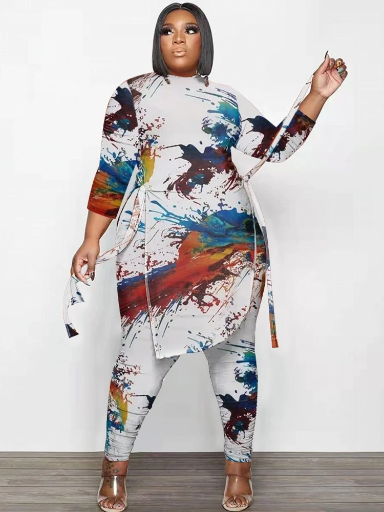 Xl-5xl Fall 2021 Plus Size Women Clothing Two Piece Set Fashion Long Sleeve  V Neck Top And Pants Print 2 Piece Suit Outfit - Plus Size Sets - AliExpress