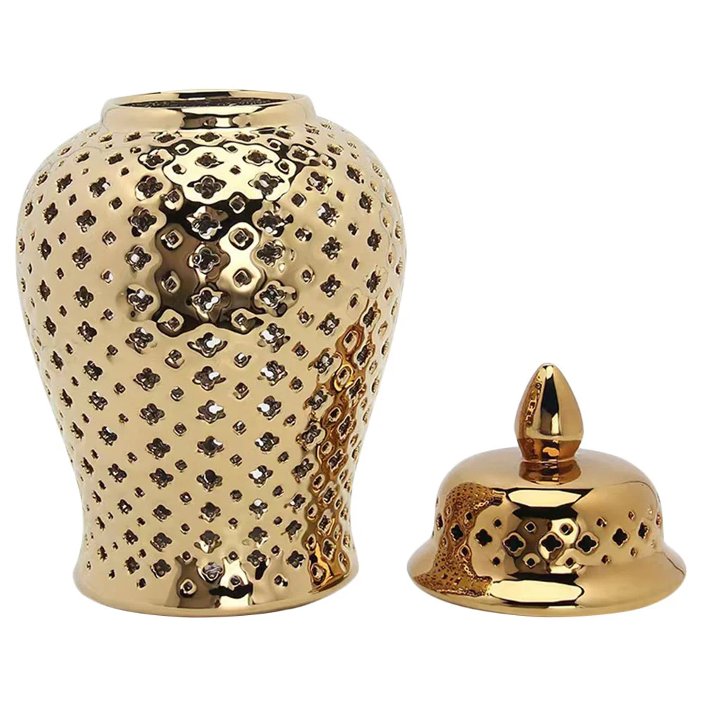 

Golden Ginger Jar Traditional Pierced Temple Jar Lid Ceramic Carved Lattice Gold Vase Decorative Tea Canister Small Chinoiserie