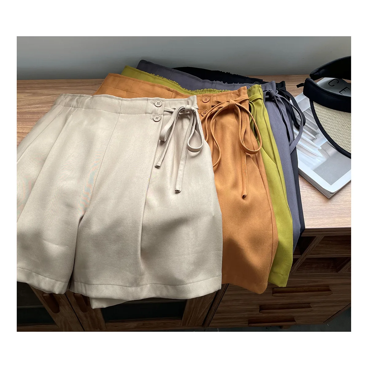 

Latter Rain Japan Korean Leisure High Waist Wide Leg Shorts Women 2023 Summer New Vacation Simple Elastic Waist Lace Up Shorts