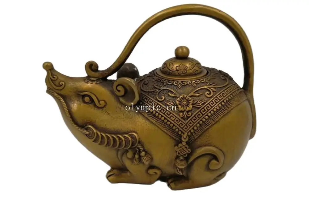 

6'' copper carved flowers wealth coin auspicious animal mouse rat teapot cup pot