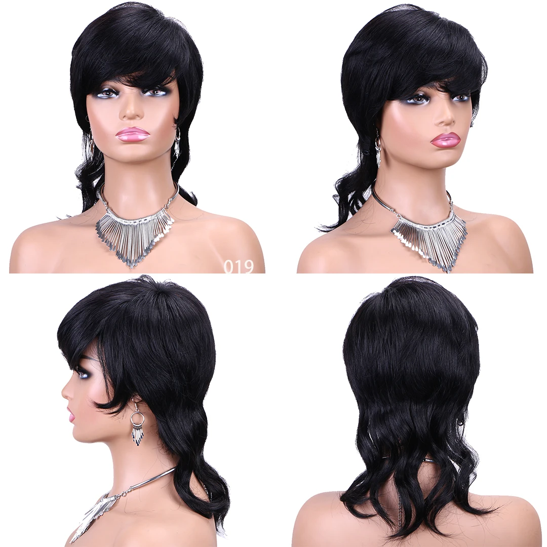 

YARRA Full Machine Made Wig With Bangs Mullet Body Wave Glueless Brazilian 100% Human Hair Wigs For Women Short Pixie Cut Wigs