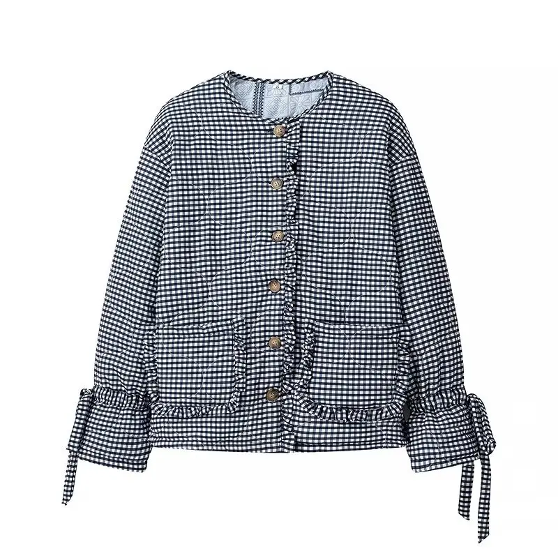 HH TRAF Chaqueta informal de invierno retro con cuello redondo y encaje de un solo pecho para mujer Chaqueta reversible de algodón a cuadros para mujer Ropa de calle