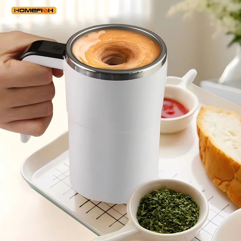 HOMEFISH 380ML Mini Electric Coffee Mug with Self-Mixing USB Rechargeable IP67 Waterproof Food-Safe Automatic Magnetic Tea Cup