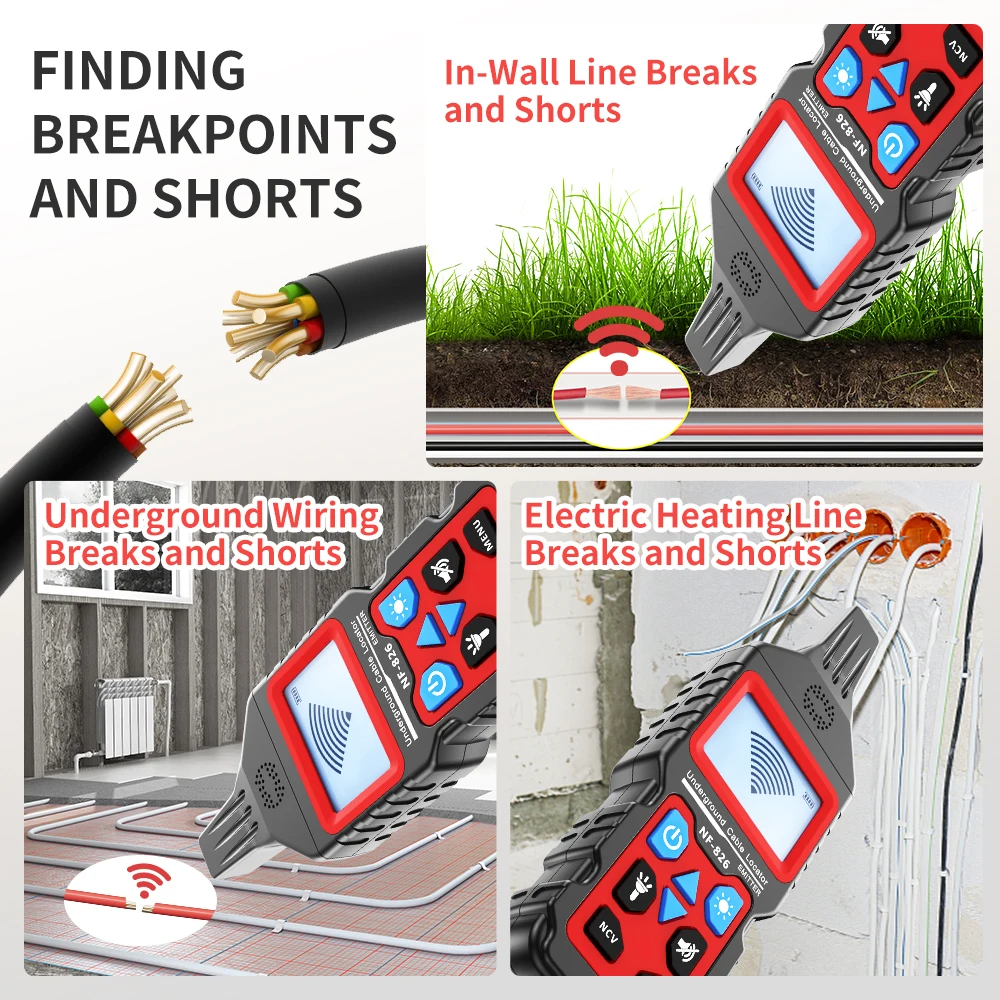 NOYAFA NF-826 Underground Cable Tester Wire Tracker High&Low Voltage Cable Locator Anti-Interference Underground Pipe Detector 4