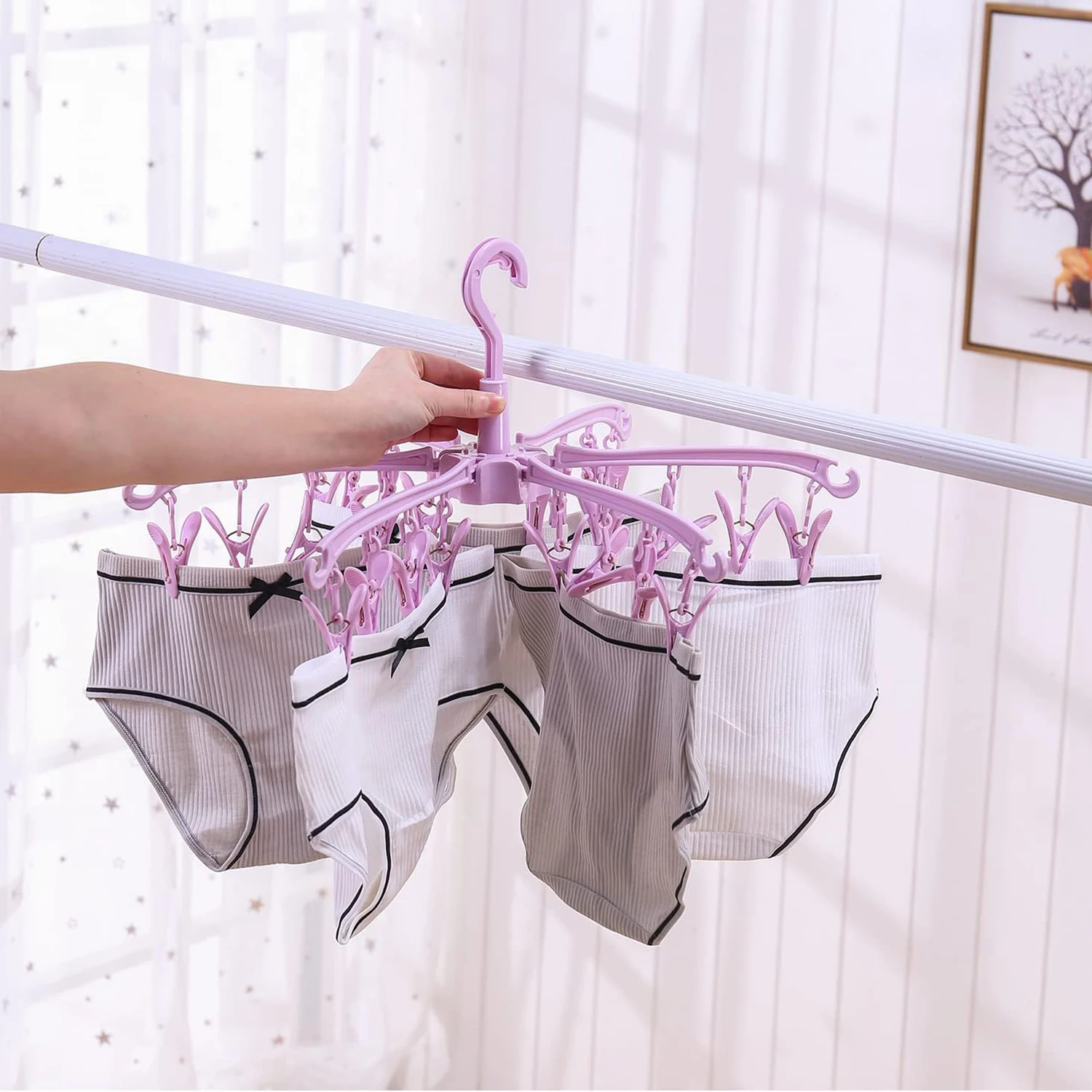 24-Clips Windproof Drying Rack Rotatable Foldable Hanger Sock Dryer Household Multi-functional Underwear Clothes Drying Rack 1