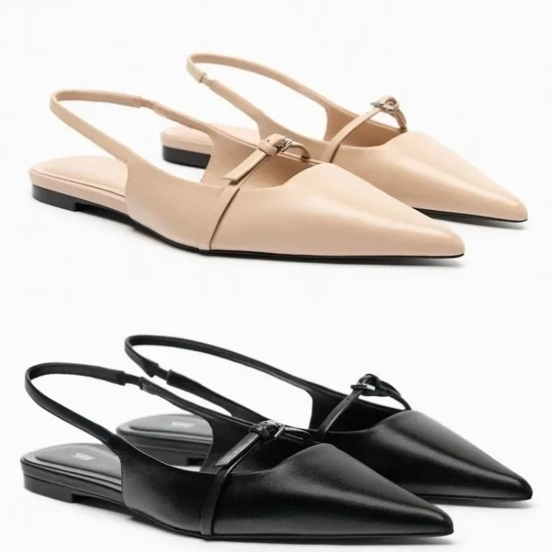 Women Slingback Flats For Women Summer New Pointed Toe Black Sandals Fashion Office Lady Mules Comfort Plus Size Flat Shoes