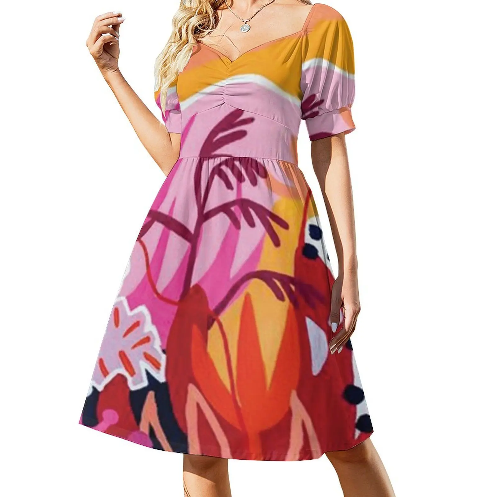 thumbnail image 1 of Vestido abstracto de manga corta en color rosa y naranja para mujer, novedad de verano, vestido de playa., 1 of 8