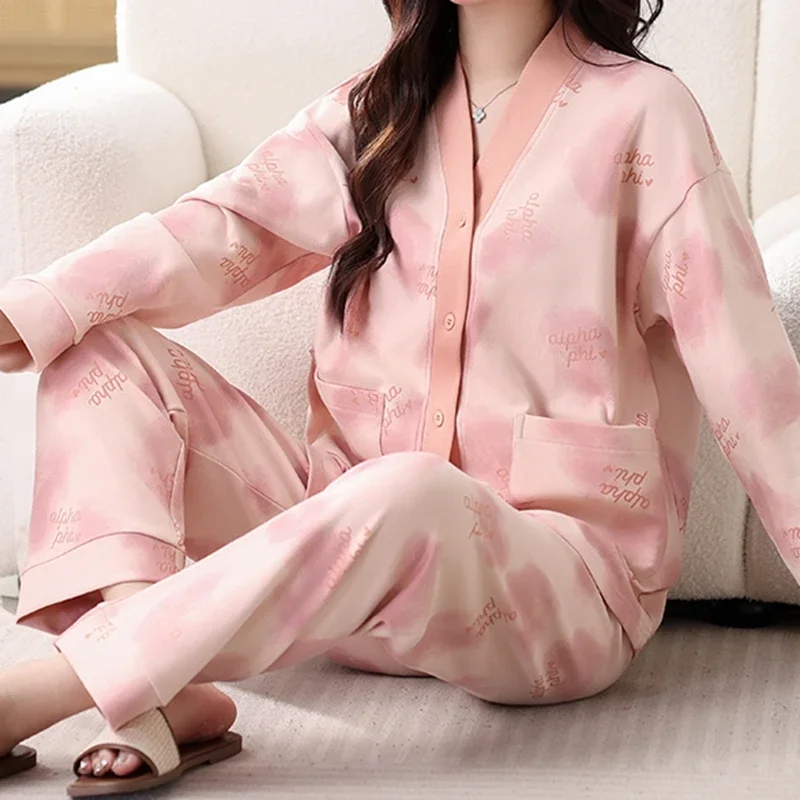 Fashion Chic Women Pajamas Set Autum Winter New Faux Cotton Long
