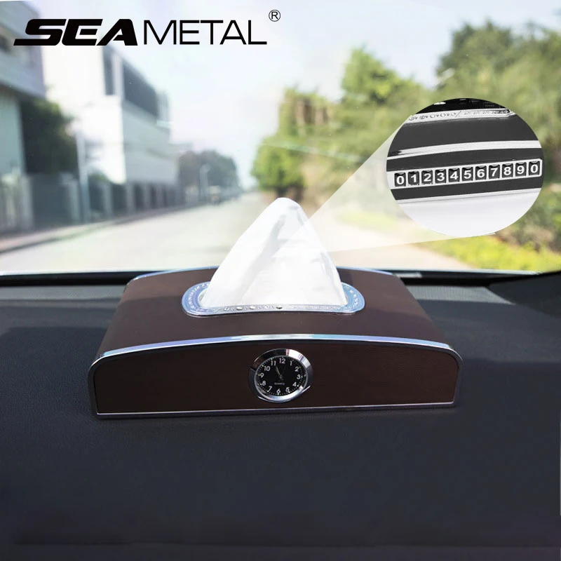 Luxury Car Tissue Dispenser Auto Tissue Holder Box Dashboard Car Napkin Holder with Quartz Clock