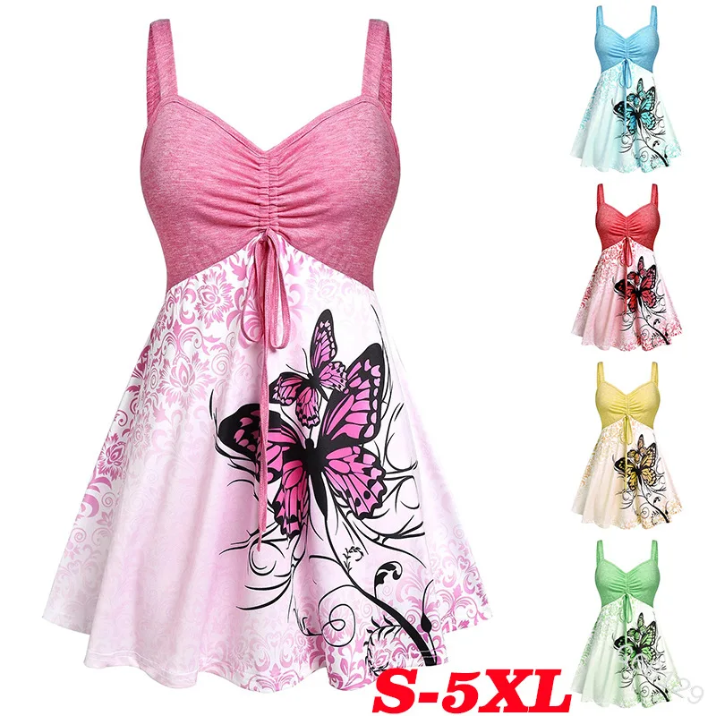 

Women Sleevless Mini Dress High Waist Butterfly Printed Sexy Summer Spring V Neck Dress