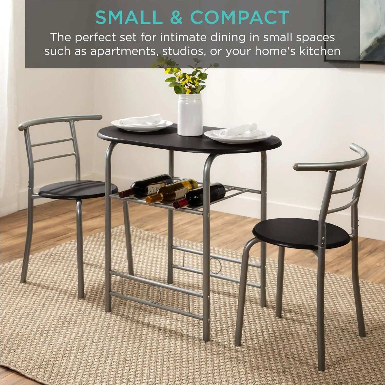 

3-Piece Wooden Round Table & Chair Set for Kitchen, Dining Room, Compact Space w/Steel Frame, Built-in Wine Rack - Black/Silver
