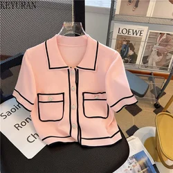 Summer Rhinestone Button Pink Knitted Cardigan Women Korean Contrast Single Breasted Slim Short Sleeve Sweater Jacket Crop Tops