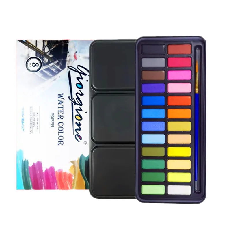 24 Solid Watercolors Set with Brush and Paper for Kids Students Starters Painting Kit Art Supplies