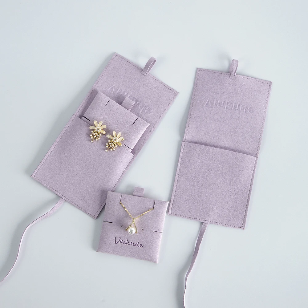 Custom Logo Jewellery Package Microfiber Suede Envelope Ribbon Pouch Jewelry Earrings Necklace Gift Bag with Insert Pad/Card