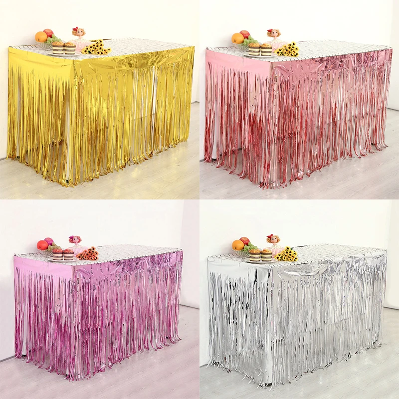 

275x75cm Foil Table Skirt Gold Silver Pink Metallic Fringe Tinsel for Birthday Party Decorations