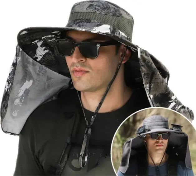 Sombrero Hut großen Schal Sonnenschutz Nackenschutz Krempe Sonne Outdoor Freizeit Bergsteigen Fisch kappe Männer wasserdicht Fischer groß – Detail 26