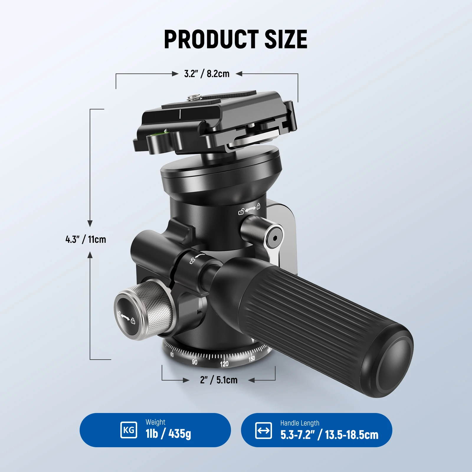 2-Way Geared Tripod Head with Millimeter Micro Adjustment 360° Panoramic Arca Q