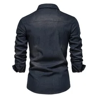 Chemise en denim en coton élastique pour hommes, manches longues, poche pour documents, chemises monochromes pour hommes, coupe couvertes décontractée, vêtements de créateurs, haute qualité 4