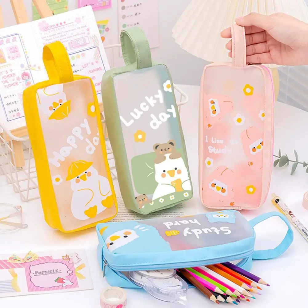

Pencil Pouch Smooth Zipper Translucent Faux Leather Multi-functional Pencil Storage Bag for Stationery
