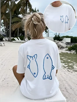 T-shirt da donna con stampa di pesci nautici, maglietta grafica a tema vita marina, a maniche corte, oversize, top estivo, streetwear alla moda, camicia estetica