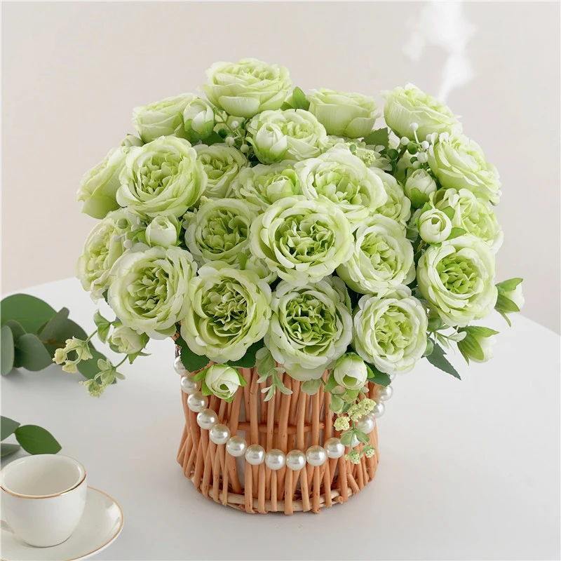 Grüne künstliche Blumen, Pfingstrose, Teerose, Herbstseide, künstliche Blumen für DIY, Wohnzimmer, Haus, Garten, Hochzeitsdekoration