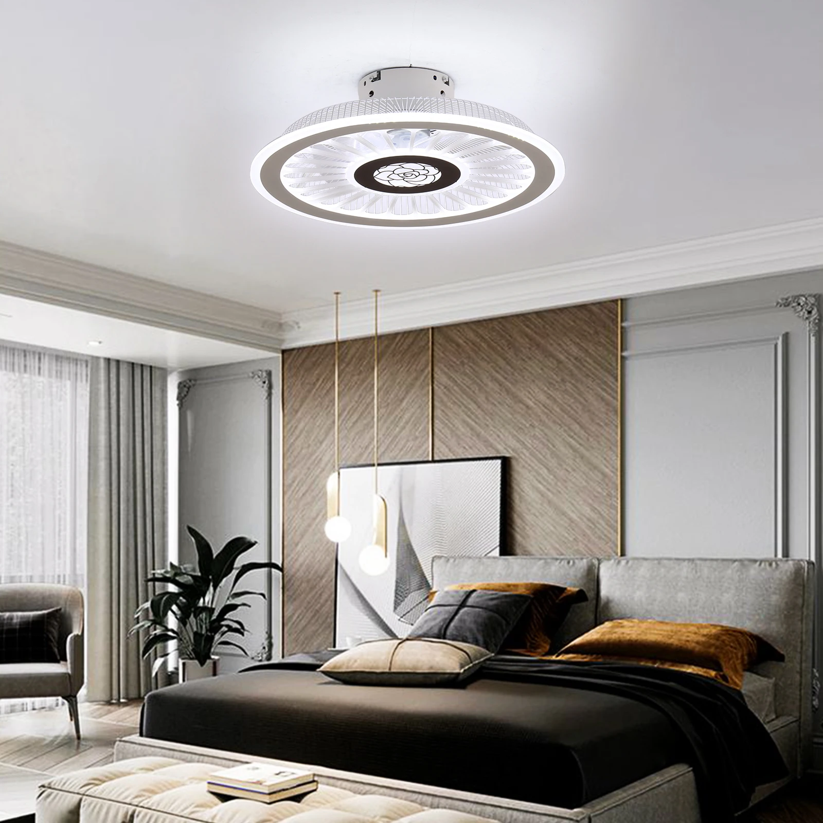 Semi Flush Mount Chandelier Fan Dimmable Ceiling Fan with LED Light 18" Remote Control 3 Colors 3 Speeds with Hidden Blades