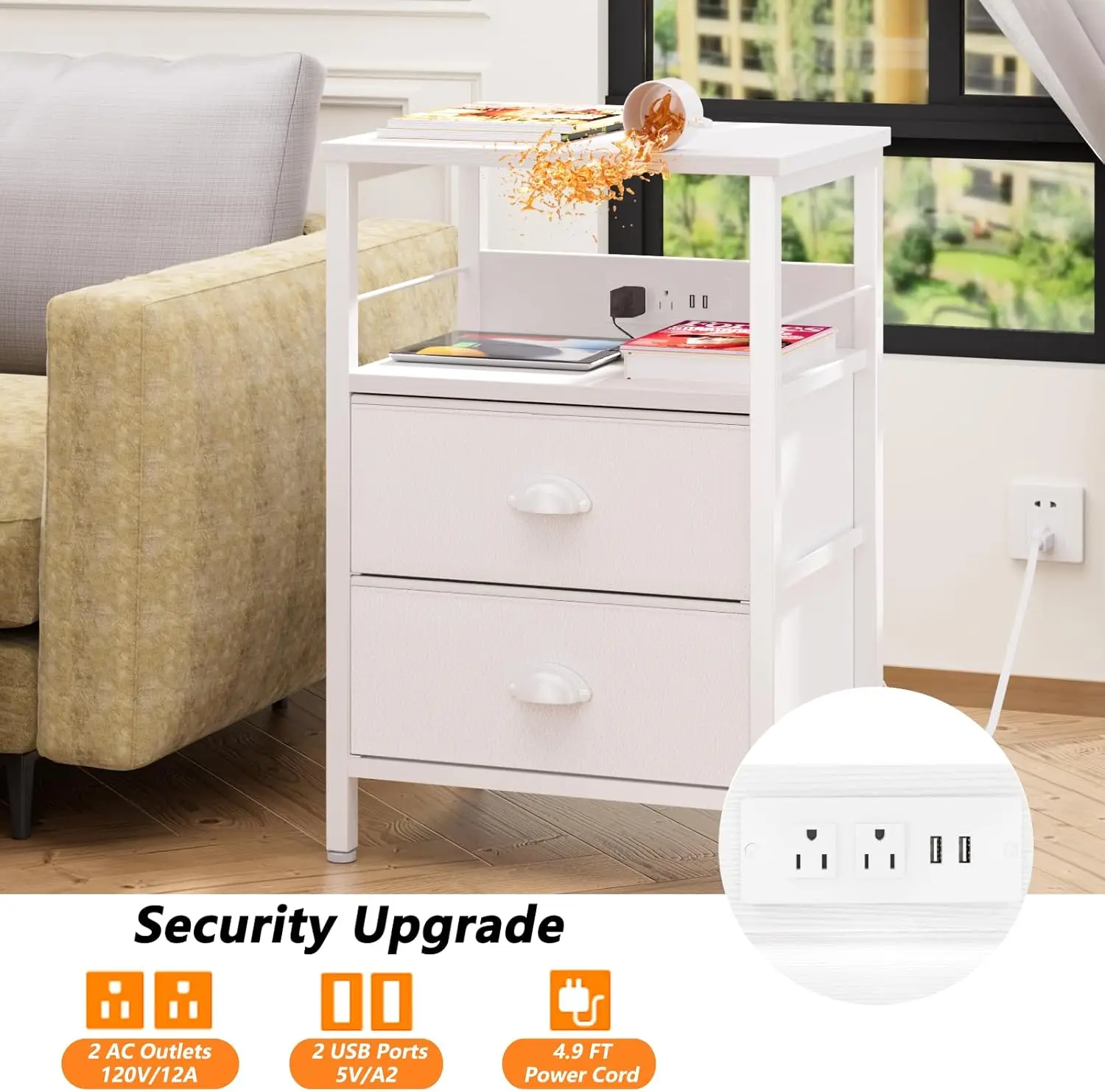 Nightstands Set of 2, End Tables with Charging Station and USB Ports, Side Tables with 2 Fabric Drawers, Night Stands