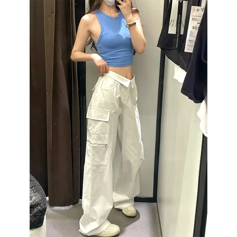 

S-4XL High Waist Multi-Pocket Cargo Pants Denim Jeans Women's Y2K Clothes Autumn Cotton Wide Leg Trousers With White Hem