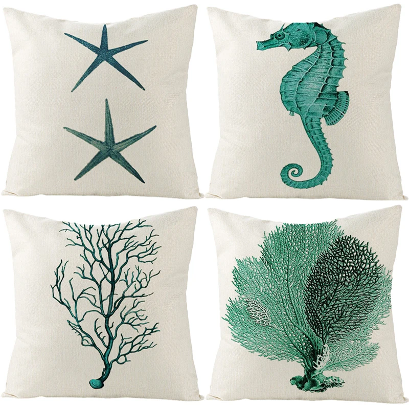 

Themed Beach Seashell Coral Starfish Linen Pillowcase Couch Throw Pillow Covers Sofa Cushion Cover Decor for Car Bed Living Room